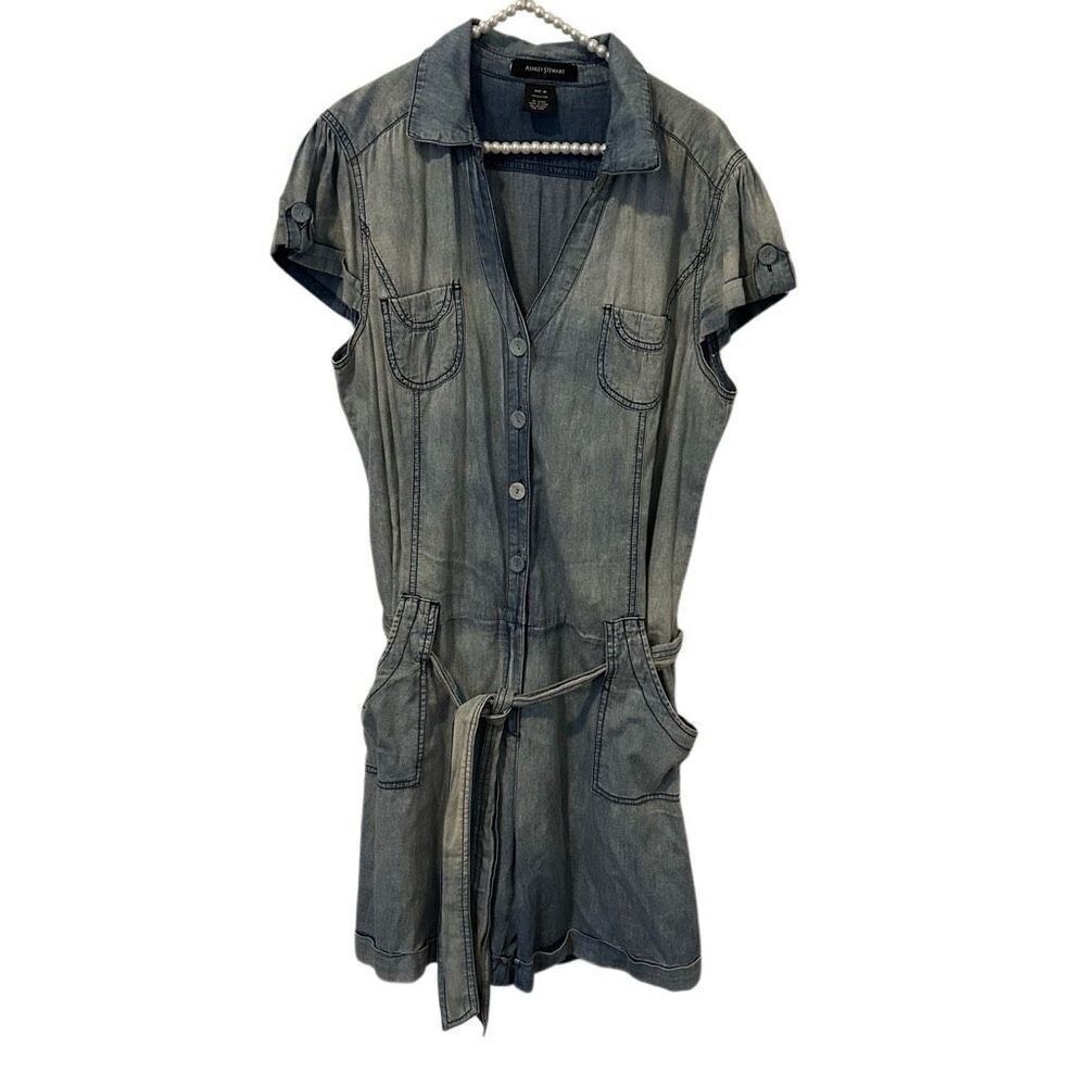 Ashley Stewart Romper Womens 16 Blue Chambray denim Cotton safari grunge work we